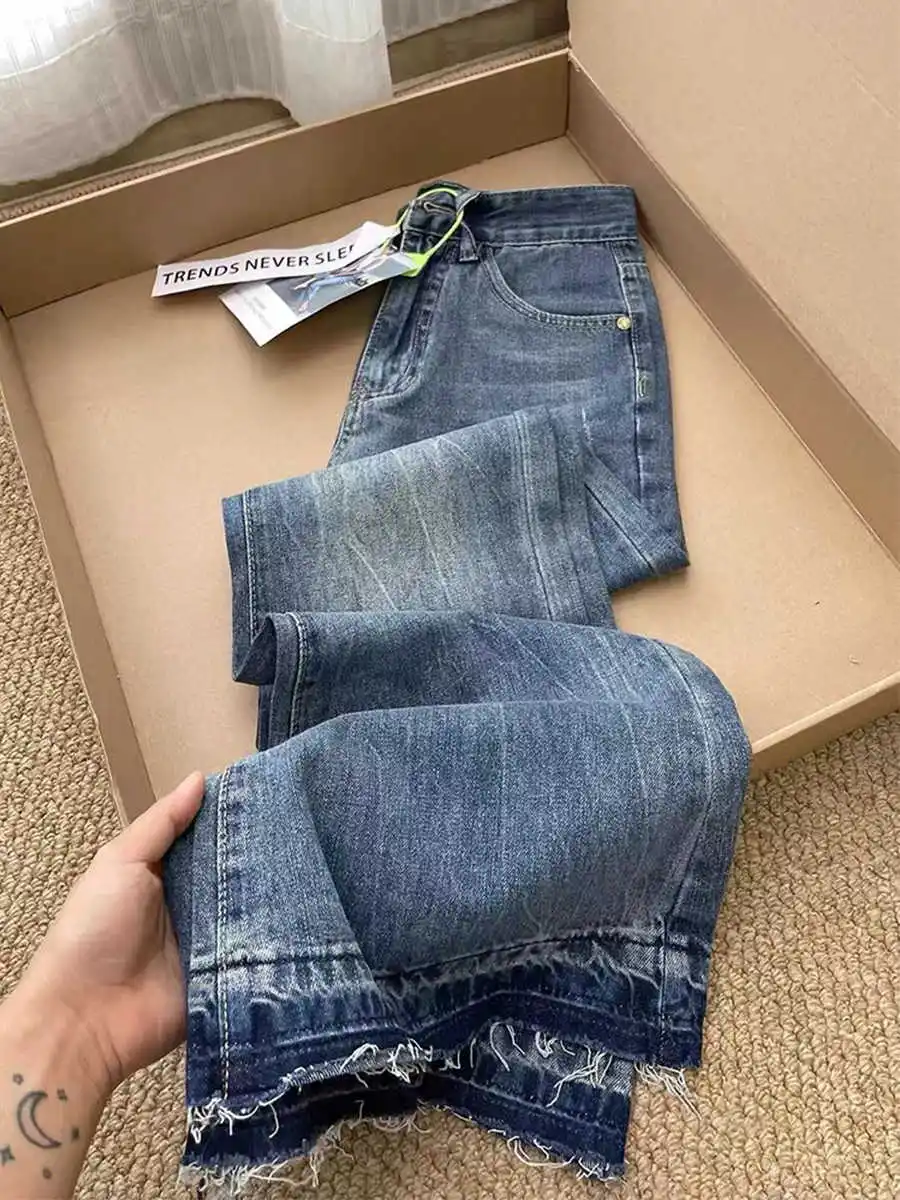 

Весенние широкие джинсы с высокой талией для женщин, 2300, корейские простые синие джинсовые брюки-клеш, женские повседневные универсальные брюки