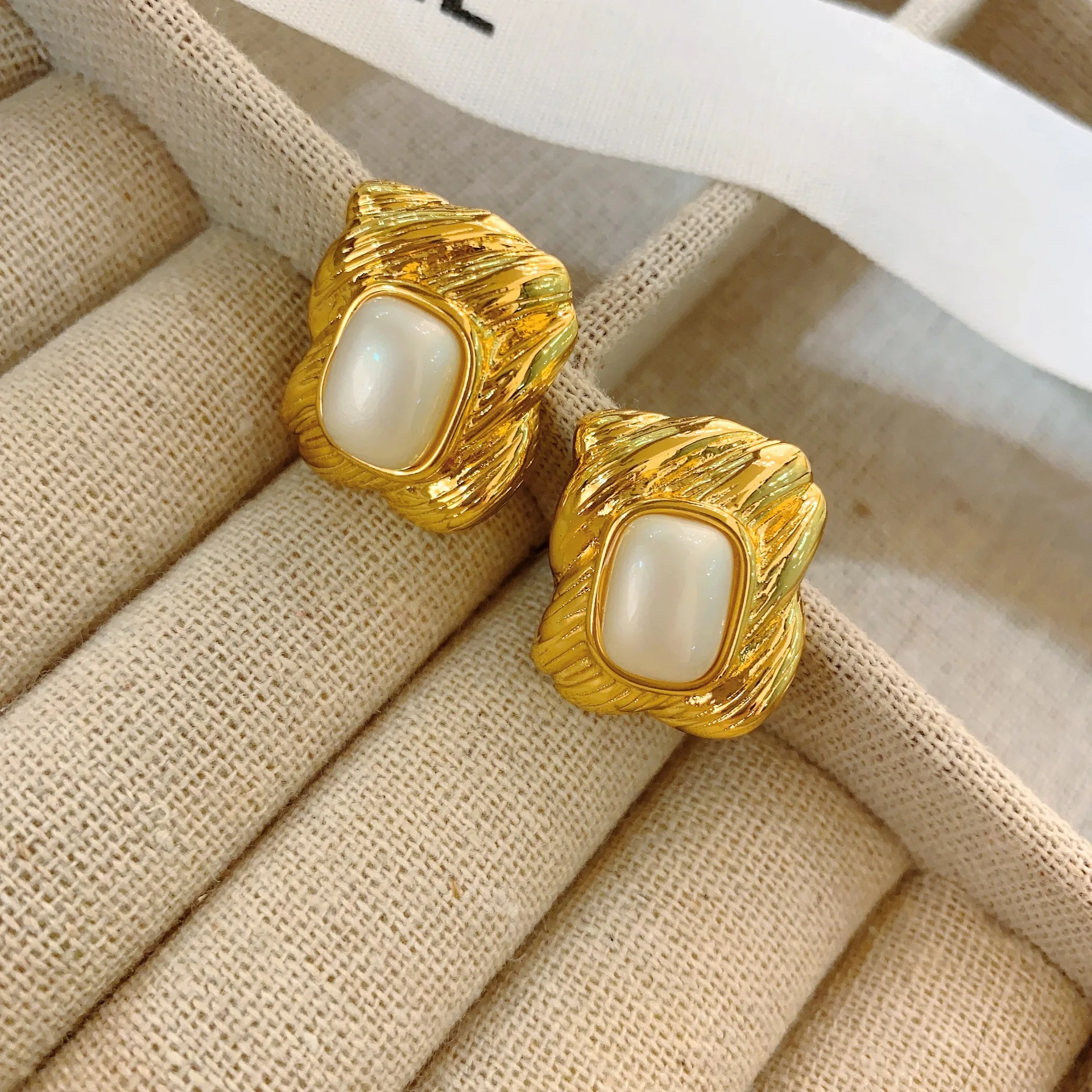 Brass Faux Pearl Square Stud Earrings Women Jewelry Punk Party T Show Gown Runway Korean Japan INS