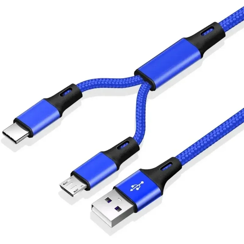 2 In 1 USB Cable Type C Cables Fast Charge Charger Cable Tablet Phone Charge Cord 2in1 Nylon Braided Mobile Android Wires