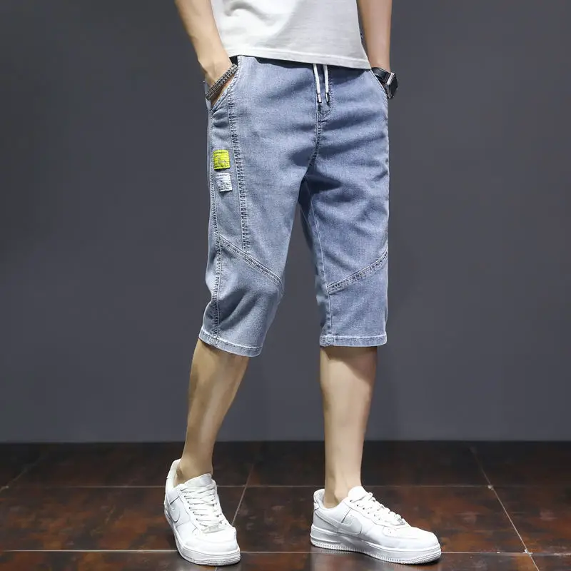 Koreon Summer Men Slim Capris Denim Shorts Streetwear Fashion New Essentials Elastic Waist Big Size Male Straight Casual Jorts