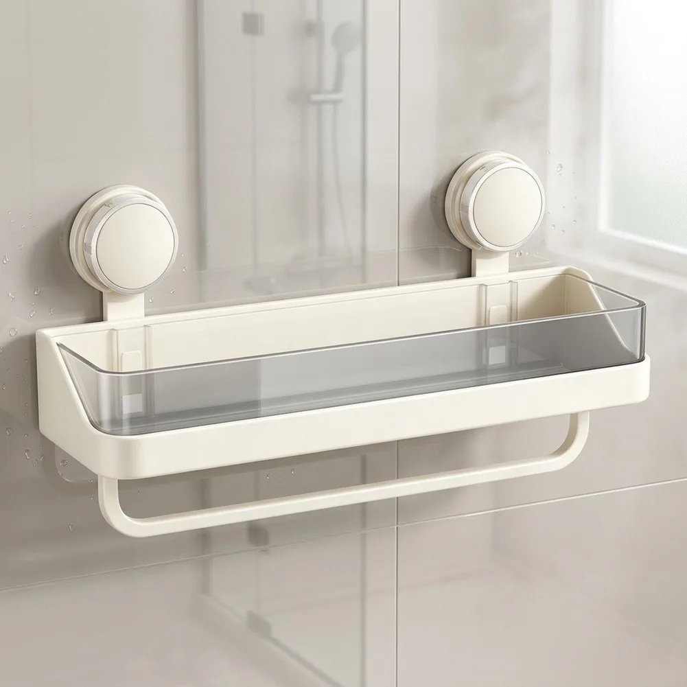 Wall Mounted Suction Cup Bathroom Shelf for Toilet Storage Rack with Multi Compartment Layout and Rinse Basket