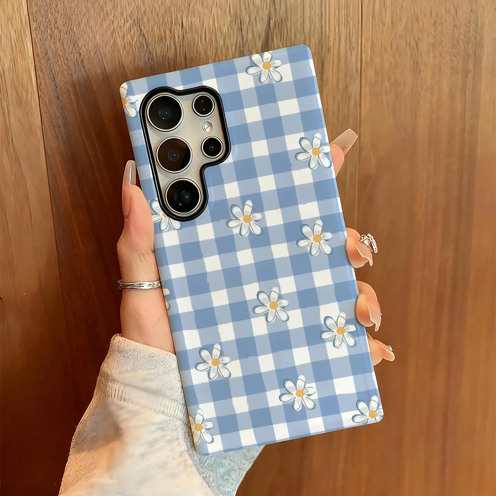 Phone Case For Samsung Galaxy S26 25 S24 S23 S22 S21 Ultra Flowers and Grid  Glossy Film Phone Case