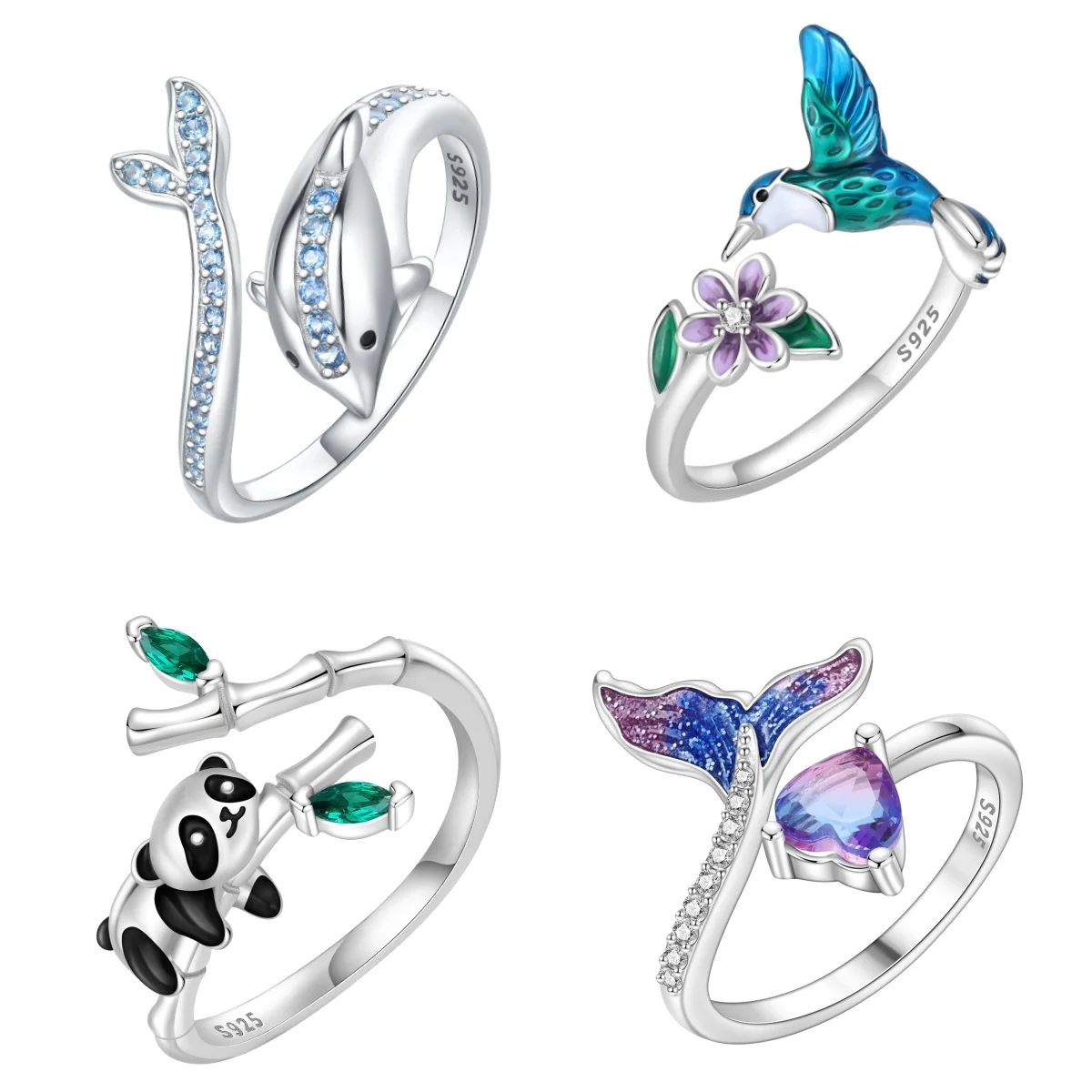 MISEFF S925 Sterling Silver Ring Cute Panda Exquisite Whale Hummingbird Dragonfly Adjustable Open Ring Original Jewelry Gifts