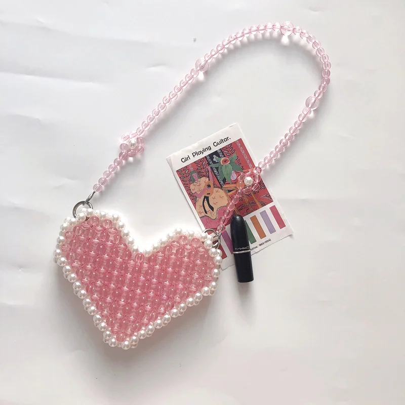Mini różowa perła miłość torba z koralikami ręcznie tkana damska moda torby na ramię Crossbody brzoskwiniowa szminka mała torebka