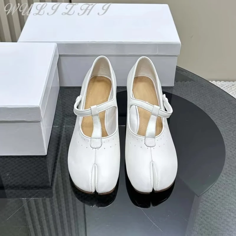 

2025 Ballet High Heel Split Toe Pumps Spring Designer Genuine Leather Slipon Women's Dress Shoes Retro Mary Jane Shoes Party