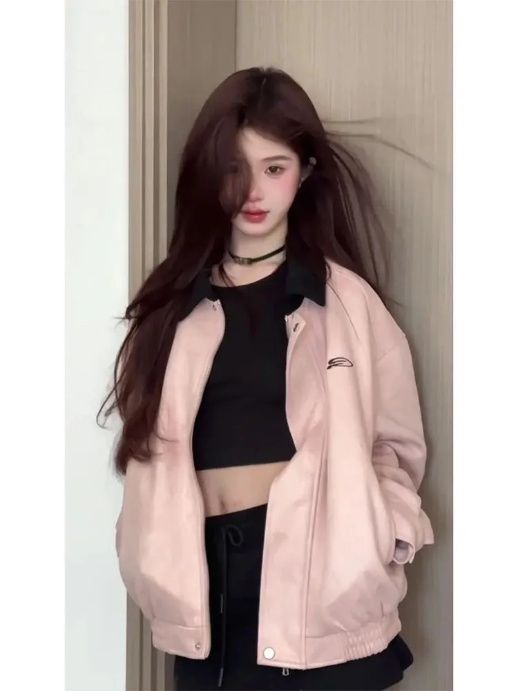 American Sle فضفاض غير رسمي من جلد الغزال Jaet المرأة ربيع الخريف ort البيسبول orm أعلى طوق الوردي ملابس خارجية