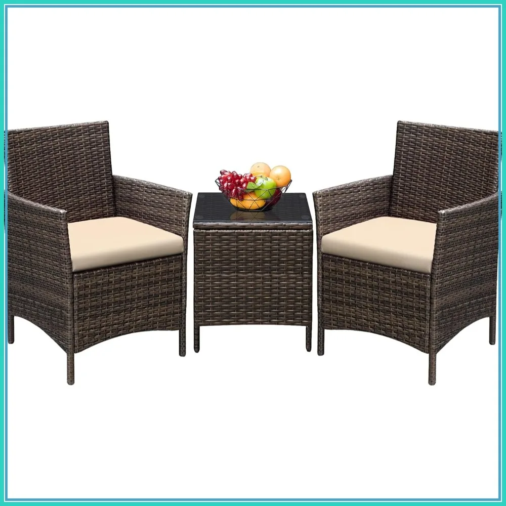 3-Piece Outdoor Patio Set with PE Rattan Chairs, Soft Cushions, and Glass Coffee Table for Garden or Poolside, Brown/Beige