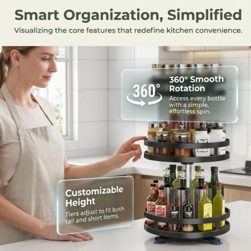 Home Household Kitchen Spice Rack Organizer 360° Rotation Carbon Steel Non-Skid Storage Tray for Seasonings Cans Jars Bottles