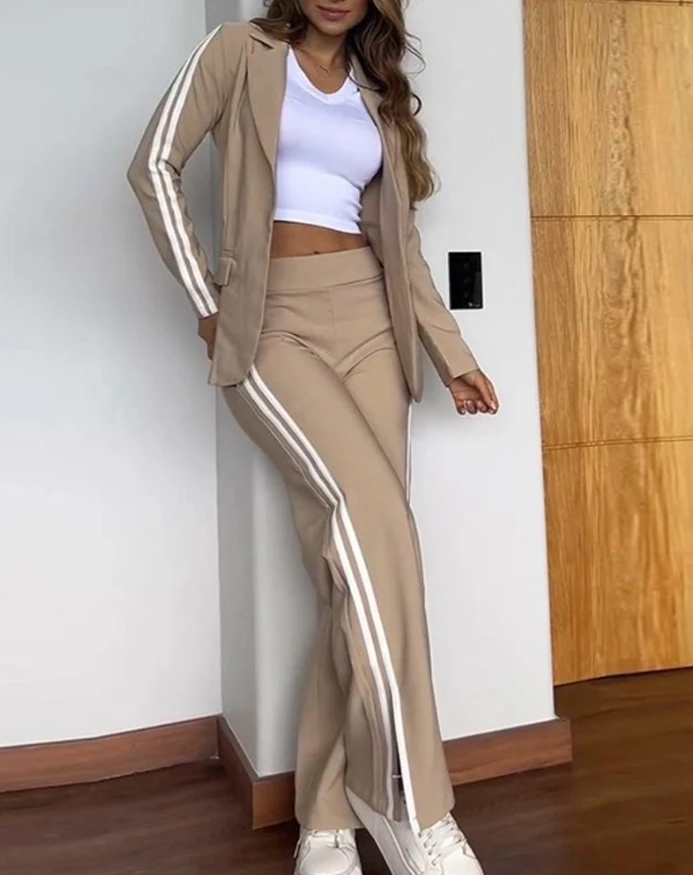 

2 Piece Stripe Print Notched Collar Long Sleeve Coat Slit Straight Pants Work Pants Set