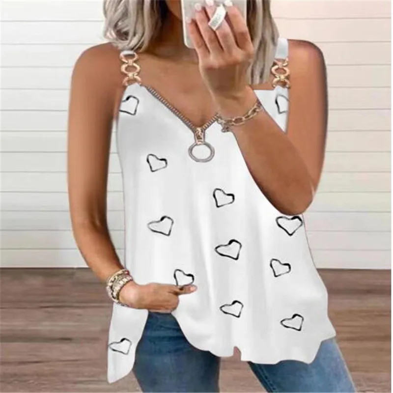 2024 Summer Women V-Neck Zipper Metal Ring Shoulder Strap Love Print Off-Shoulder Short-Sleeved Loose T-Shirt Ladies Casual Tops