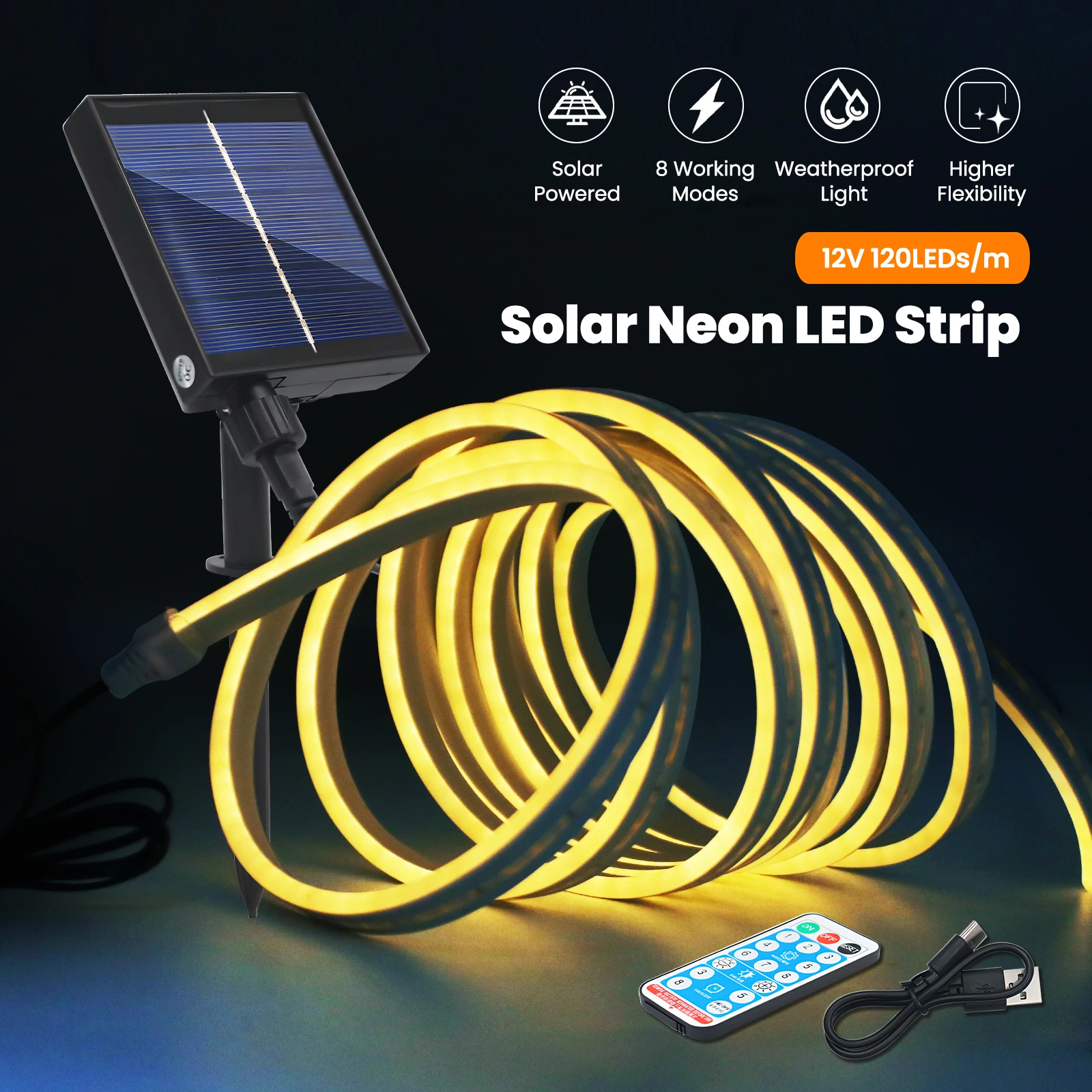 

Solar Powered Neon Light IP67 Waterproof DC 12V SMD2835 120LEDs/M Dimmable Neon Strip Flexible Ribbon Rope Light Garden Decor