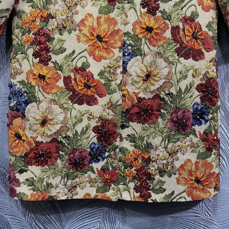 DLDENGHAN Autumn Covered Button Beading Coat Women O-Neck Three Quarter Sleeves Flower Print Vintage Outerwear Fashion Designer