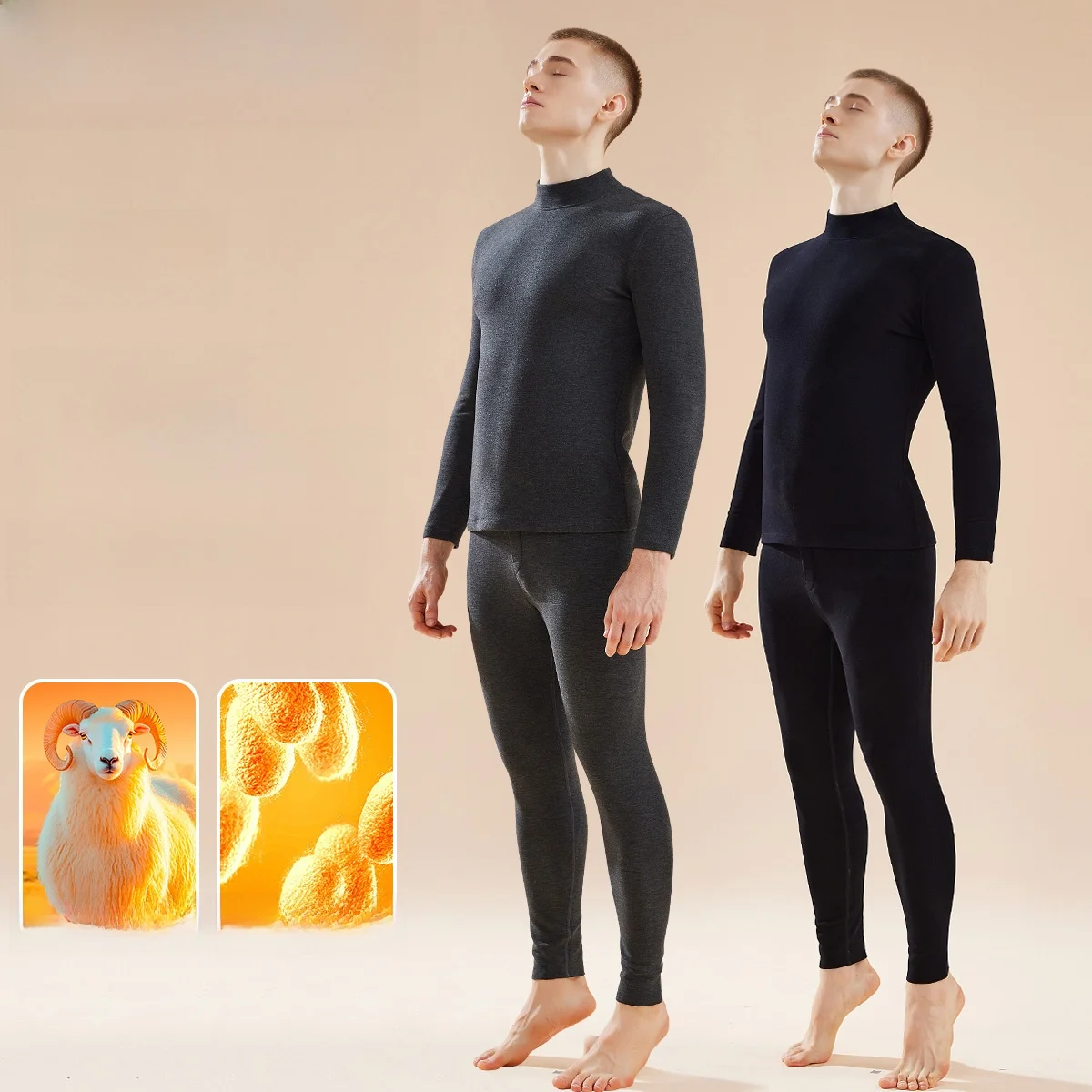 

Thickened Wool Silk Thermal Underwear Set for Men Long Sleeve Mid-Neck Fleece-Lined Warmth Preservation Winter Base Layer