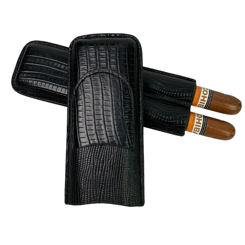 2-Finger Cigar Case With Cutter Crocodile Pattern Leather Cigar Humidor Case Portable Travel Cigar Case For Men(Black).