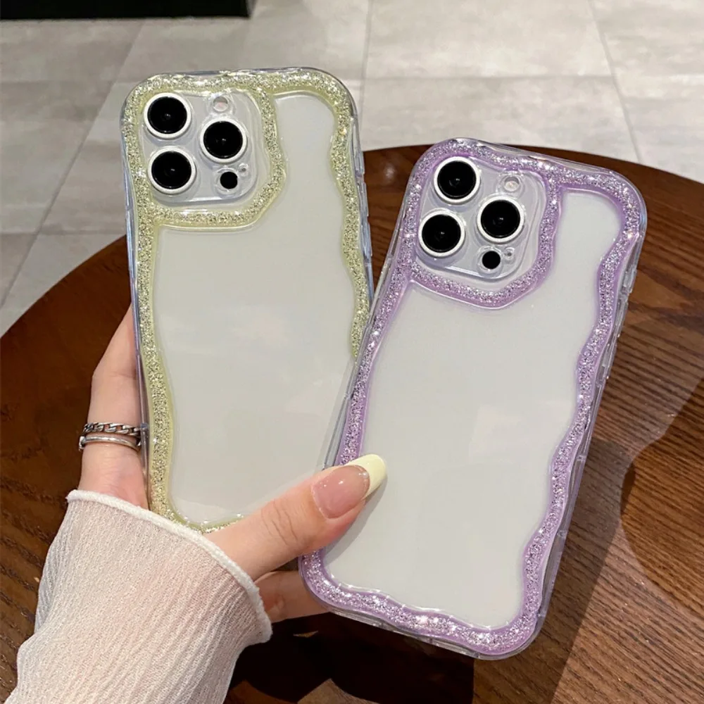 반짝이는 귀여운 웨이브 테두리 실리콘 소프트 폰 케이스 아이폰 16 15 14 13 12 11 프로 맥스 플러스 소녀용 투명 커버 충격 방지 쉘
