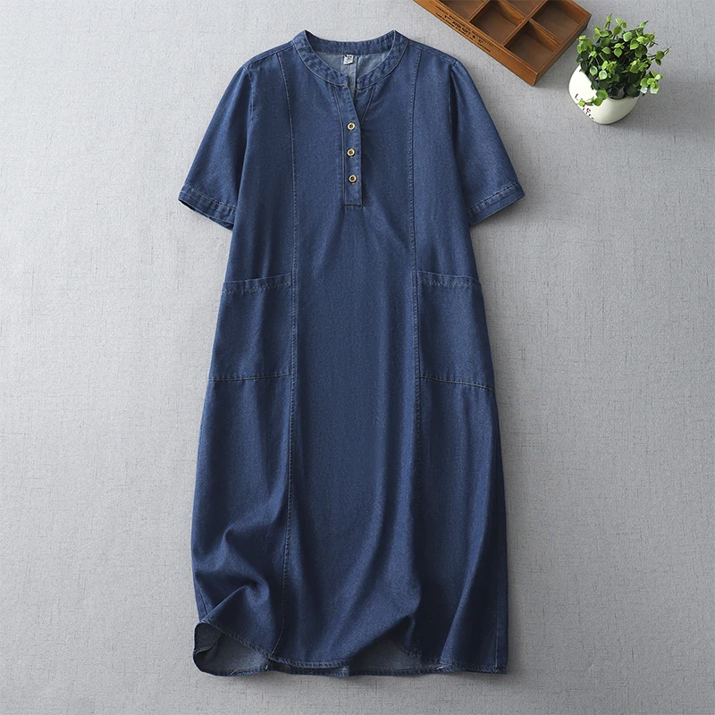 

NYFS 2025 Summer New Korean Woman Dresses Vestidos Robe Ete Femme Elbise Vintage V-neck short sleeves Denim Long Dress