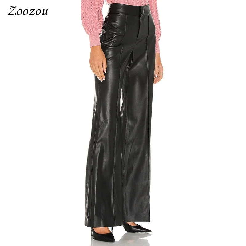 Women Faux Leather High Waist Wide Leg Pants Office Ladies PU Leather Loose Casual Long Trousers New Support Custom