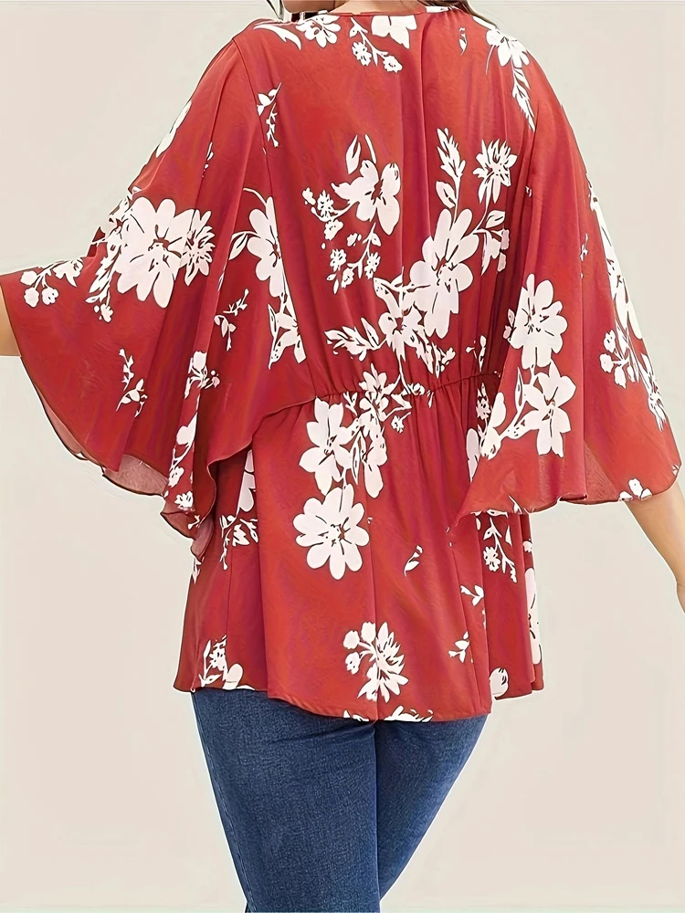 Women Spring Autumn New Shirts Flower Printing V-Neck Batwing Half Sleeve Loose Casual Plus Size Women\'s Clothing Wear Elegant