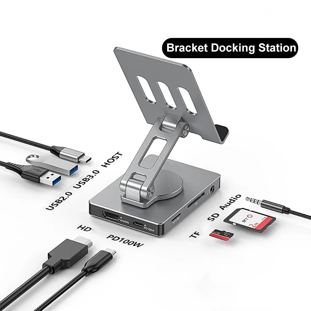 

8 в 1 Вращающийся кронштейн Док-станция типа C на 4K60 Гц HDMI-адаптер из алюминиевого сплава USB C Hub PD 100 Вт USB 3.0 5 Гбит/с для переключателя