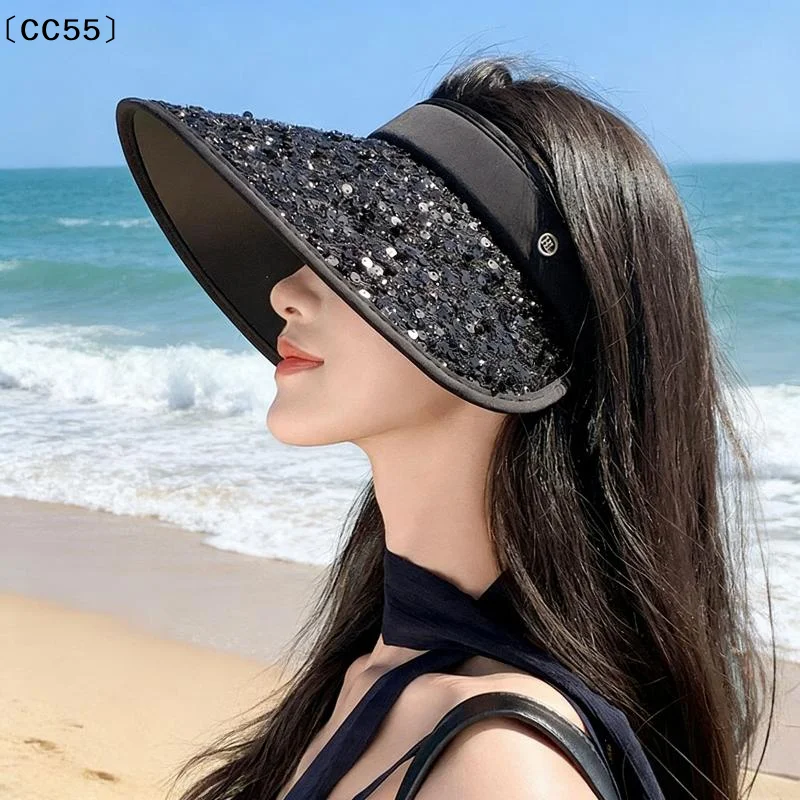 

Sequin Wide Brim Sun Visor Hat UV Protection Foldable Empty Top Cap For Women Outdoor Beach Travel〔CC55〕