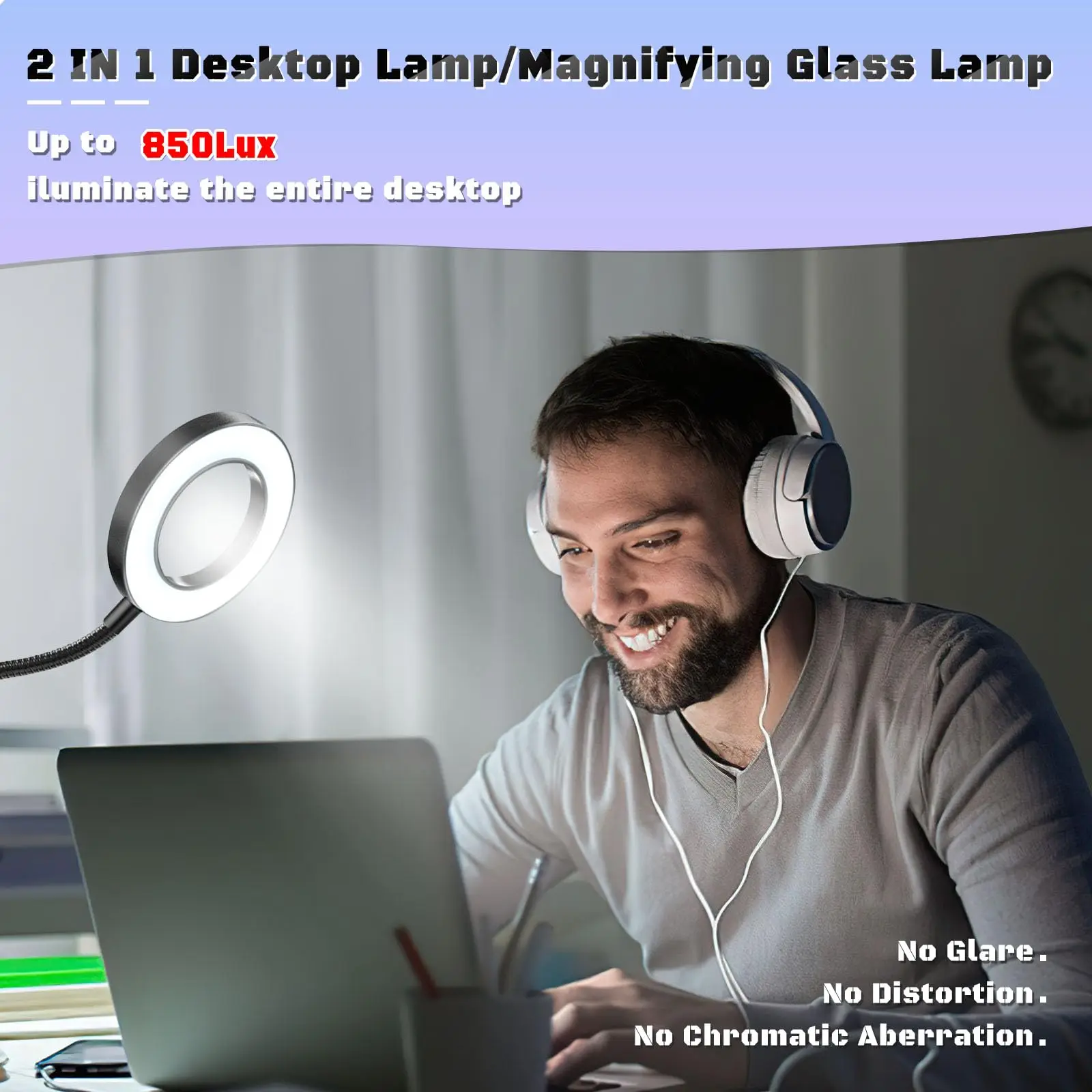 10-fache Vergrößerungslupe mit Schreibtischlampe, Beleuchtete Lupe mit 3 Farbmodi, LED-Vergrößerungsglas zum Lesen, Basteln, Nageldesign und Feinarbeiten – Detail 7