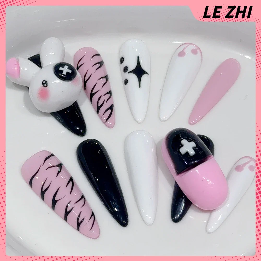 10Pcs Handmade Hello Kitty False Nails Cute Cartoon Girls Halloween Series Product Wearable Nails with Accessories Party Sticker