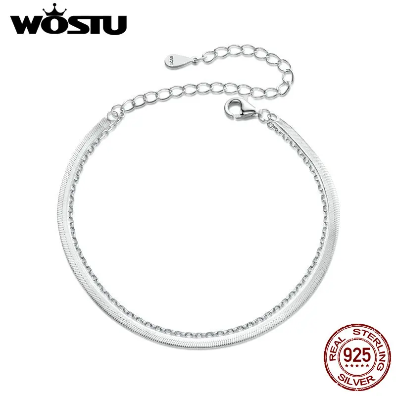 WOSTU 925 Sterling Silver Double Layer Flat Snake Chain Bracelet for Women Stackable Party Bracelets Punk Gift Female Jewelry