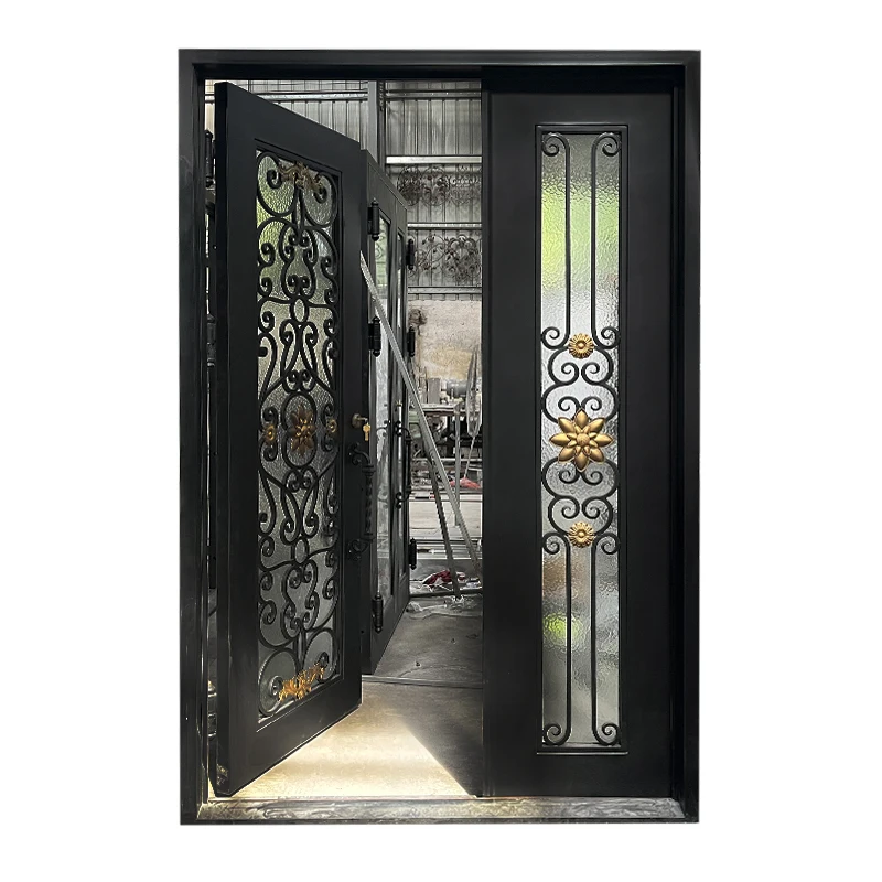 

Exterior Metal Wrought Iron Security Hollow Double Tempered Safety Glass Double Swing French Doors