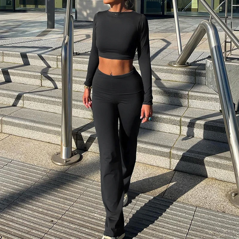 SUCHCUTE Yoga Casual Minimalist Solid Two Piece Set Skinny Sporty Women's Long Sleeve Crop Tops +Turndown Waist Pants Trend 2PCS