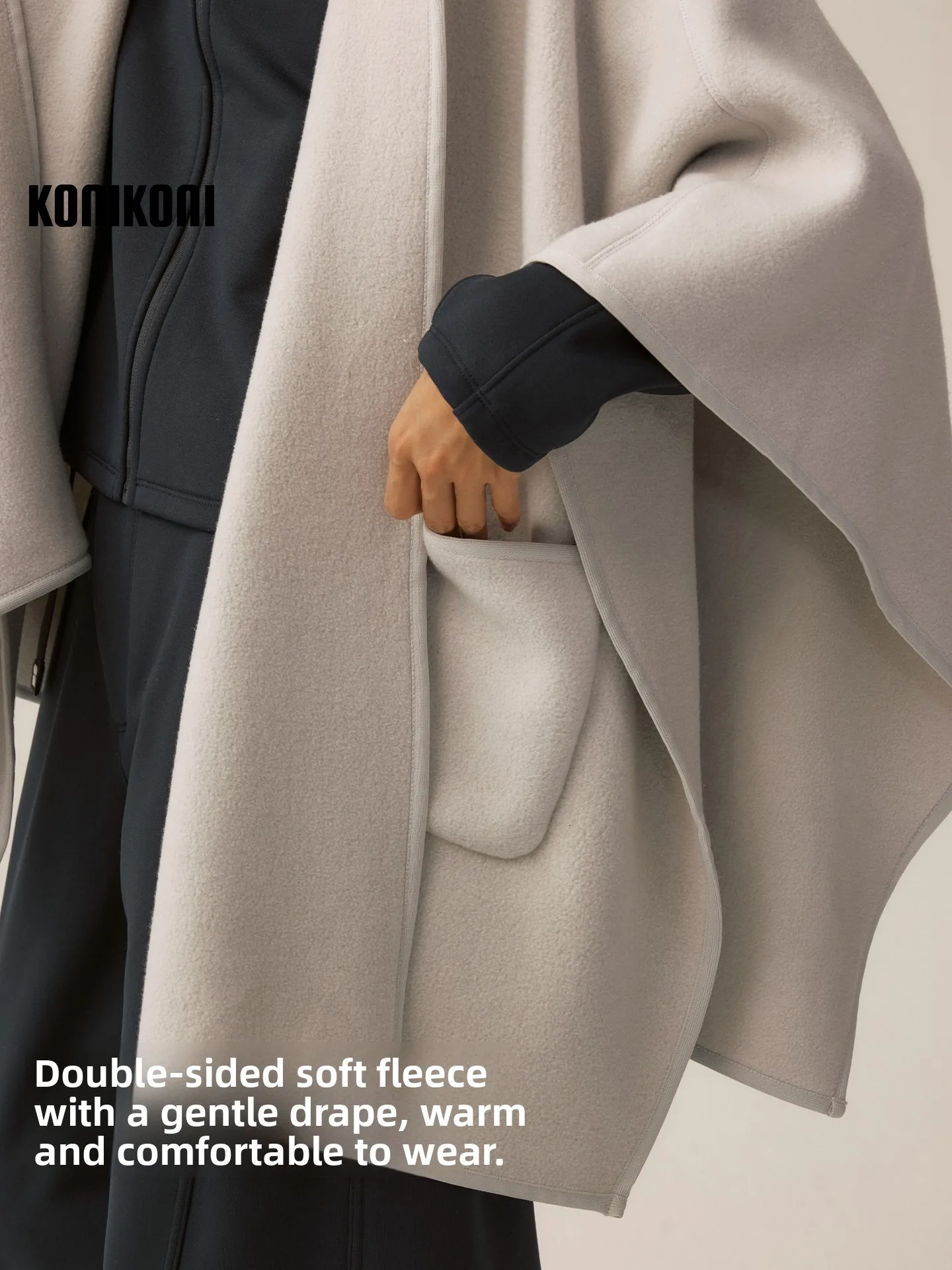 Koi Ladies Double-Sided Fleece Hooded Cape Coat Soft Warm Autumn Winter Layering Scarf Large Size Shawl Casual Style Polyeste...