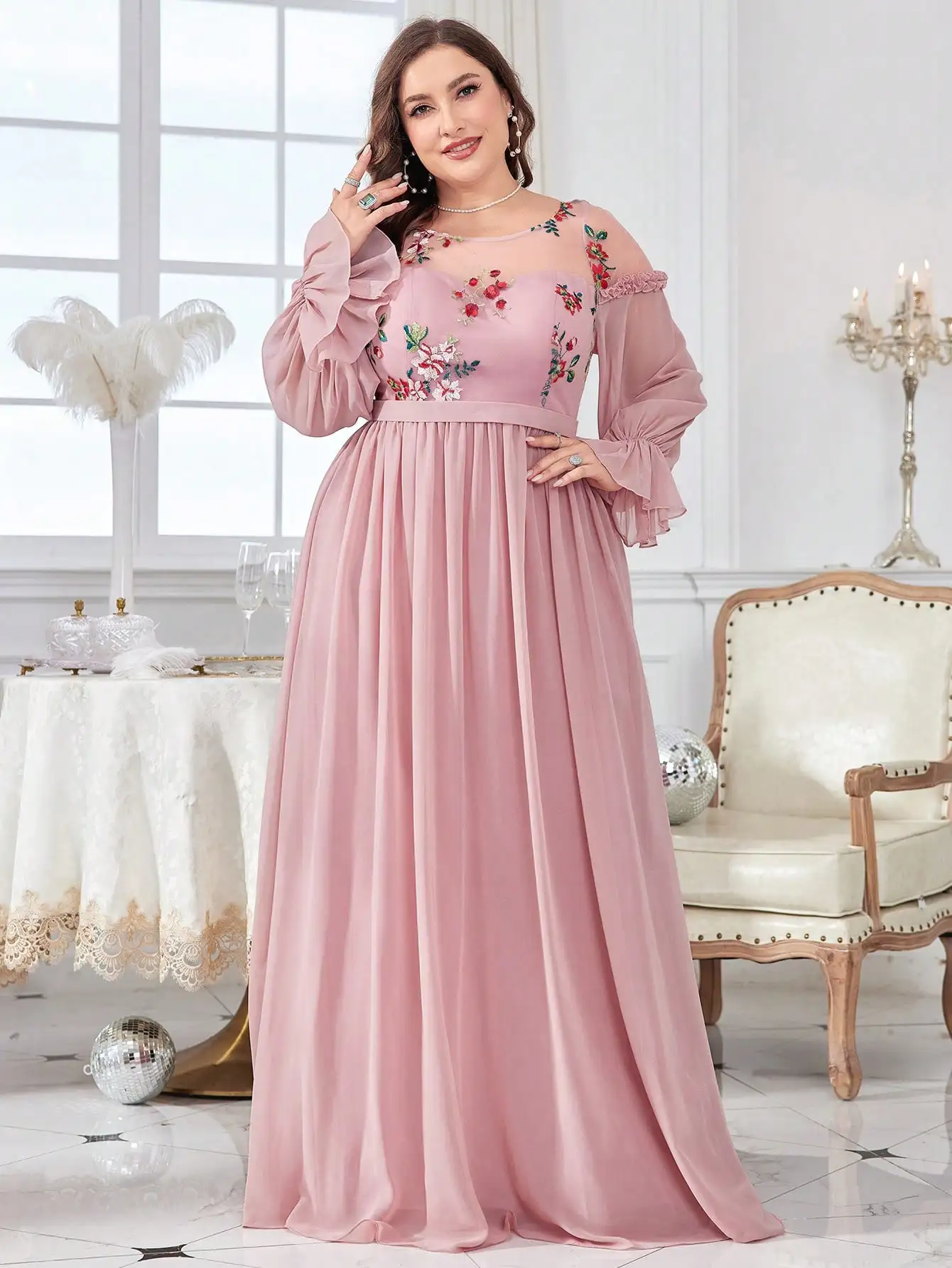 Mgiacy plus size Round neck Color embroidered half-through chiffon chiffon long sleeve dress Evening gown Ball dress Party dress