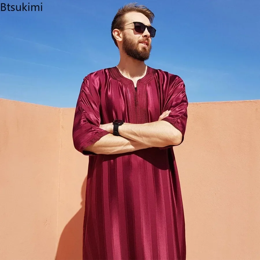 Robe longue arabe musulmane pour hommes, vêtements islamiques brodés, Jubba Thobes zones me, caftan marocain, robe de prière Eid, nouvelle mode 2025