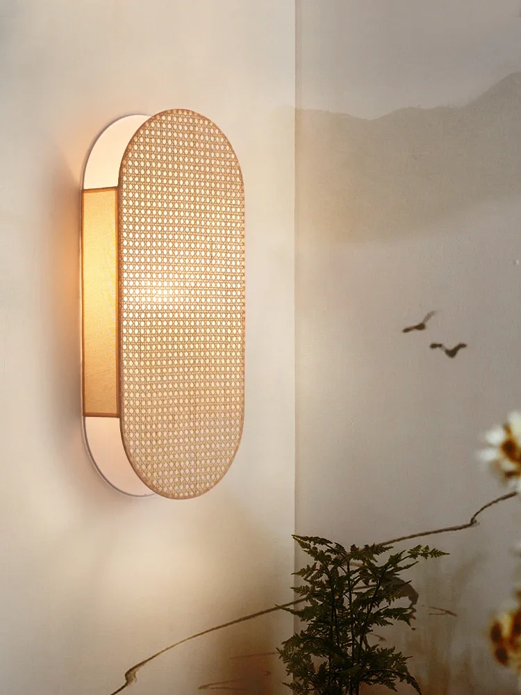 New Chinese Zen rattan wall lamp, tea room, living room, study, B&B, bedside, Japanese-style wabi-sabi wind, aisle staircase