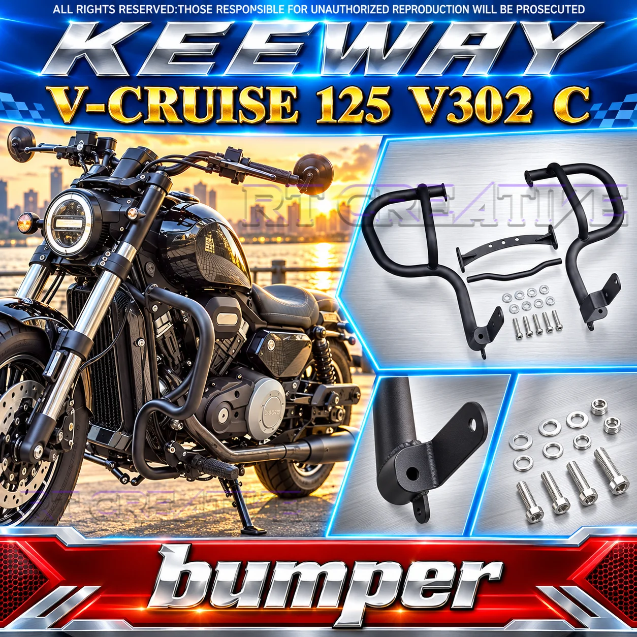 1. Perfect fit for Keeway V302C and Keeway V Cruise 125, integrated bumper crash bar, folding backrest & luggage rack