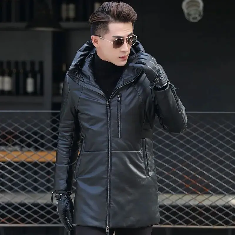 Winter Genuine Leather Hooded Down Jacket Men High Quality Thicken Puffer Jacket Men Luxury Duck Puffer Coat Sheepskin Coat Male