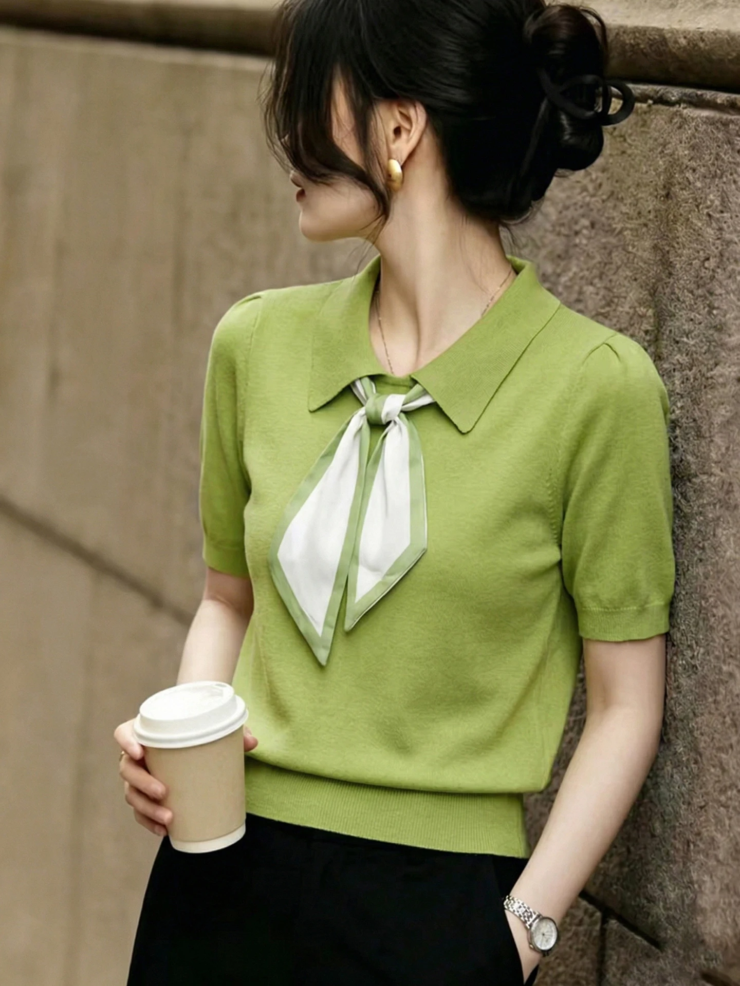 

Trendy Korean Style Knitted Shirt Collar with Belt Short Sleeve Summer Design Age Reducing Top Straight Cut Commute Fashion