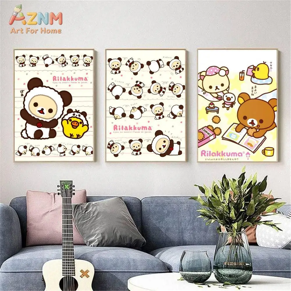AZNM Rilakkuma Cute Bear Cartoon Canvas Wall Art Panda Korilakkuma Kiiroitori Print Poster Kawaii Room Decor Unframed - view 4