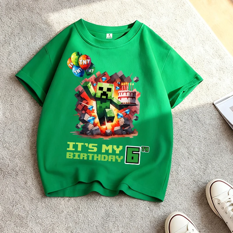 Футболка с номером от 1 до 9 на день рождения, детская одежда с героями мультфильмов Minecrafted, хлопковые топы для мальчиков, летние футболки с короткими рукавами и круглым вырезом, подарки на вечеринку