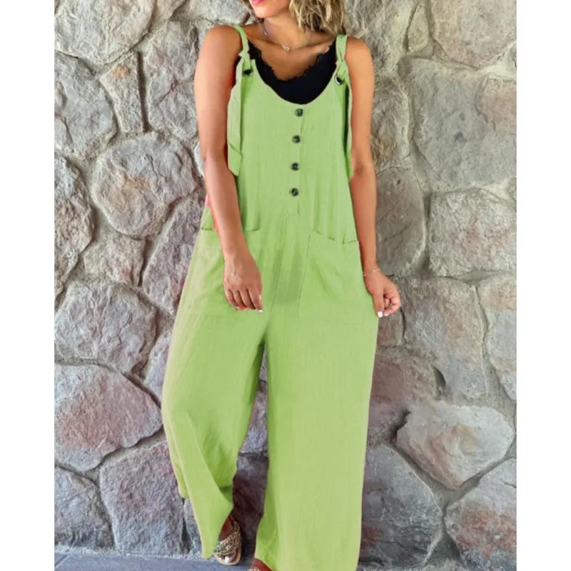 Elegant Solid Color Sleeveless Jumpsuit For Women Wide Leg Overalls Loose Commuting Style Sleeveless Trousers Woman Clothing New