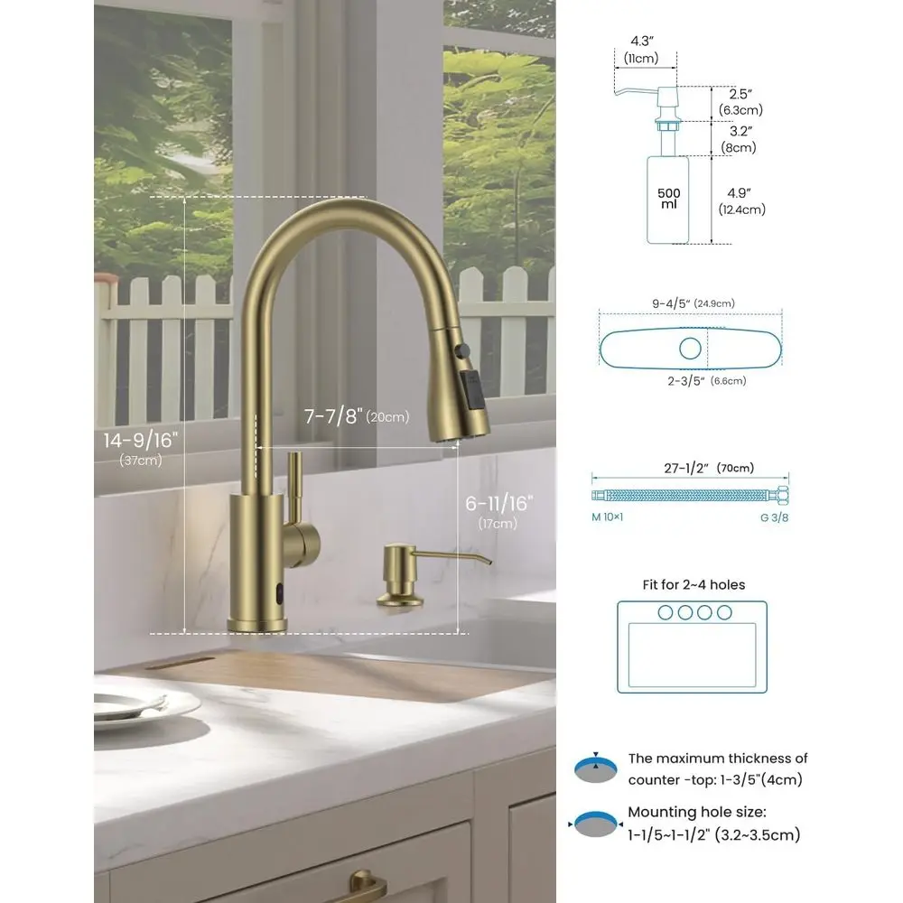 Torneira de cozinha sem toque dourada com spray pull-down e dispensador de sabão para pias de 2 a 4 furos
