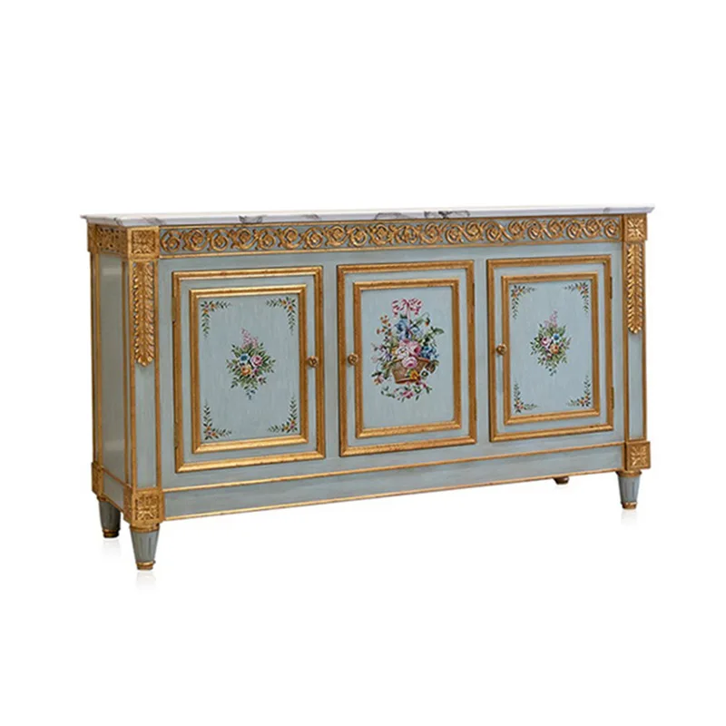 

French romantic painted 16m marble countertop living room dining side European solid wood retro entrance cabinet
