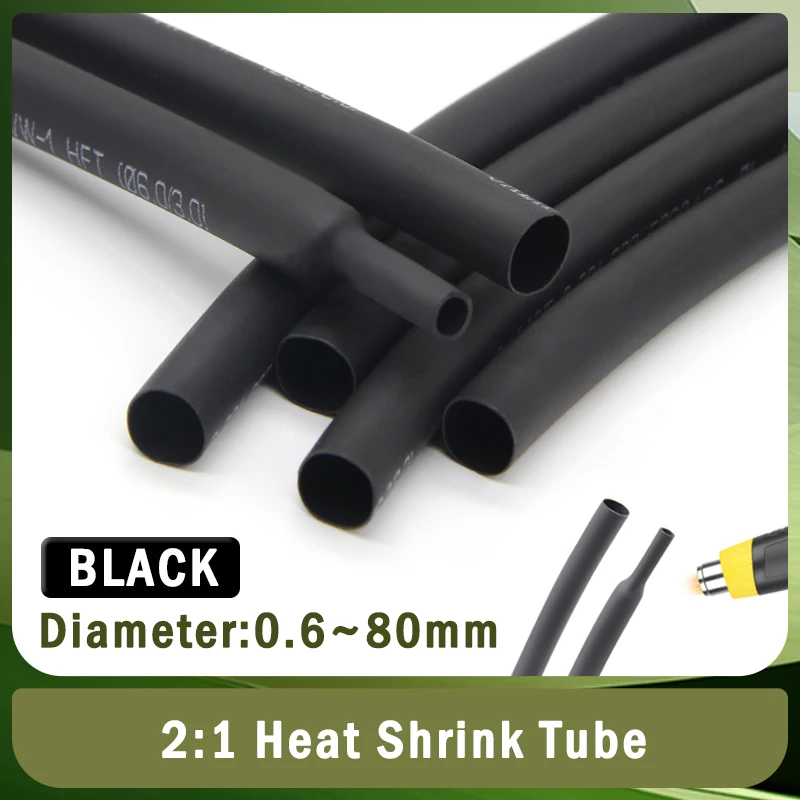 

1~10M Heat Shrink Tube Black 2:1 Dia 1mm ~ 50mm Heat -shrink Tubing Wire Repair Protector Cable Connector Insulation Sleeving