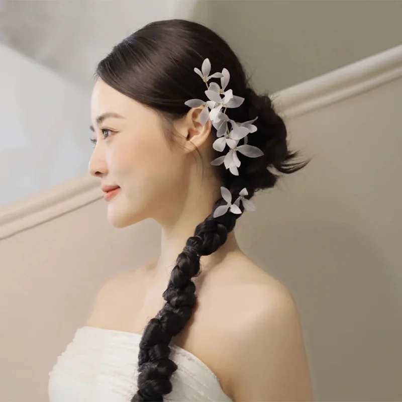 Bridal Hair Jewelry with Crepe Flower Side Hair Clips and Antique Charm