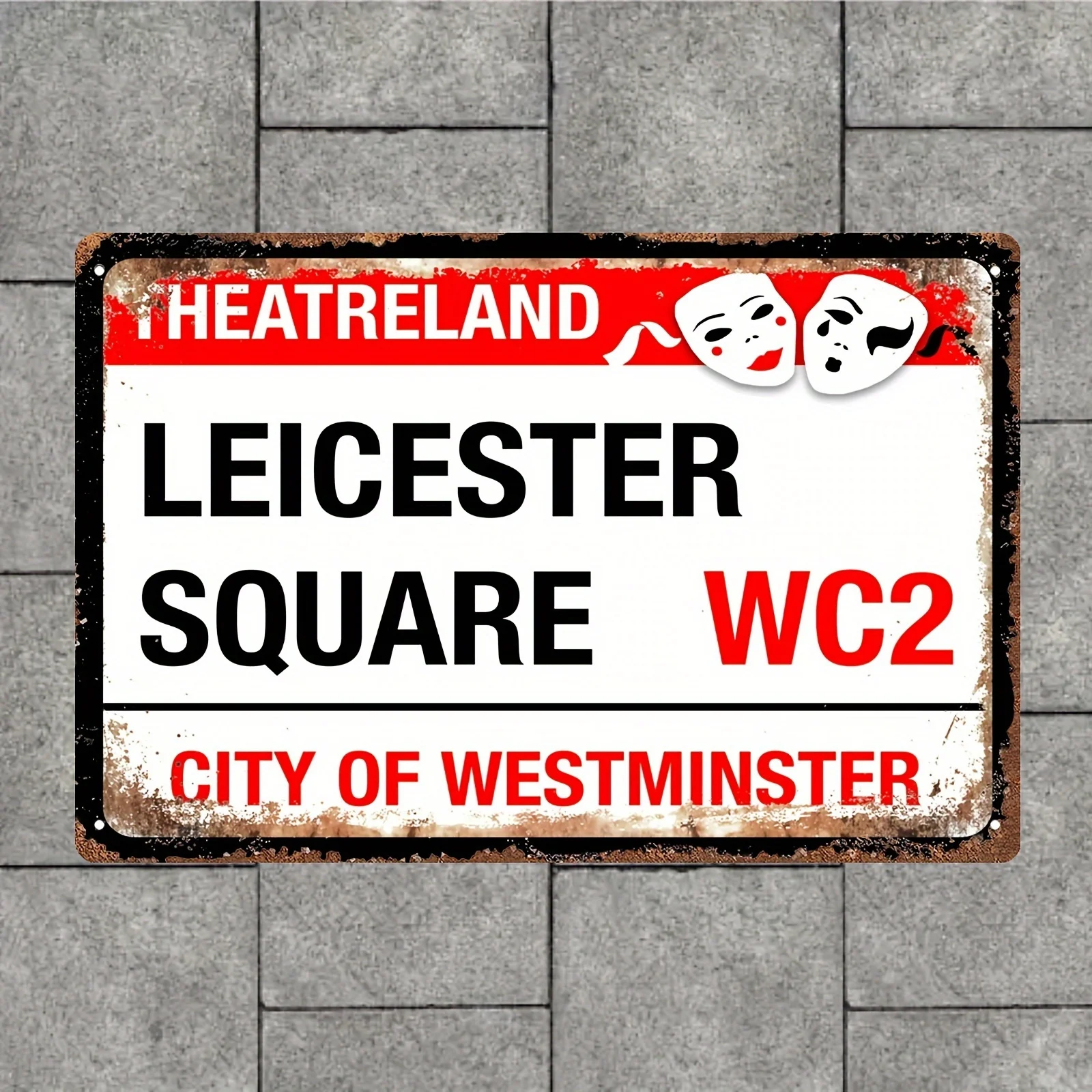 Vintage-Inspired Leicester Square Metal Sign - Frameless London Theatre & Cinema Wall Art, Distressed Red & White Tin Plaque wit