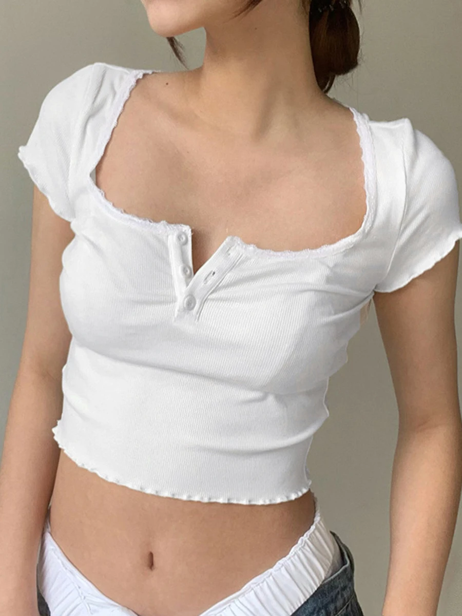 

Кроп-Топ женский с кружевными пуговицами, винтажный однотонный приталенный хлопковый топ с французским квадратным воротником, модная Милая футболка, Y2k