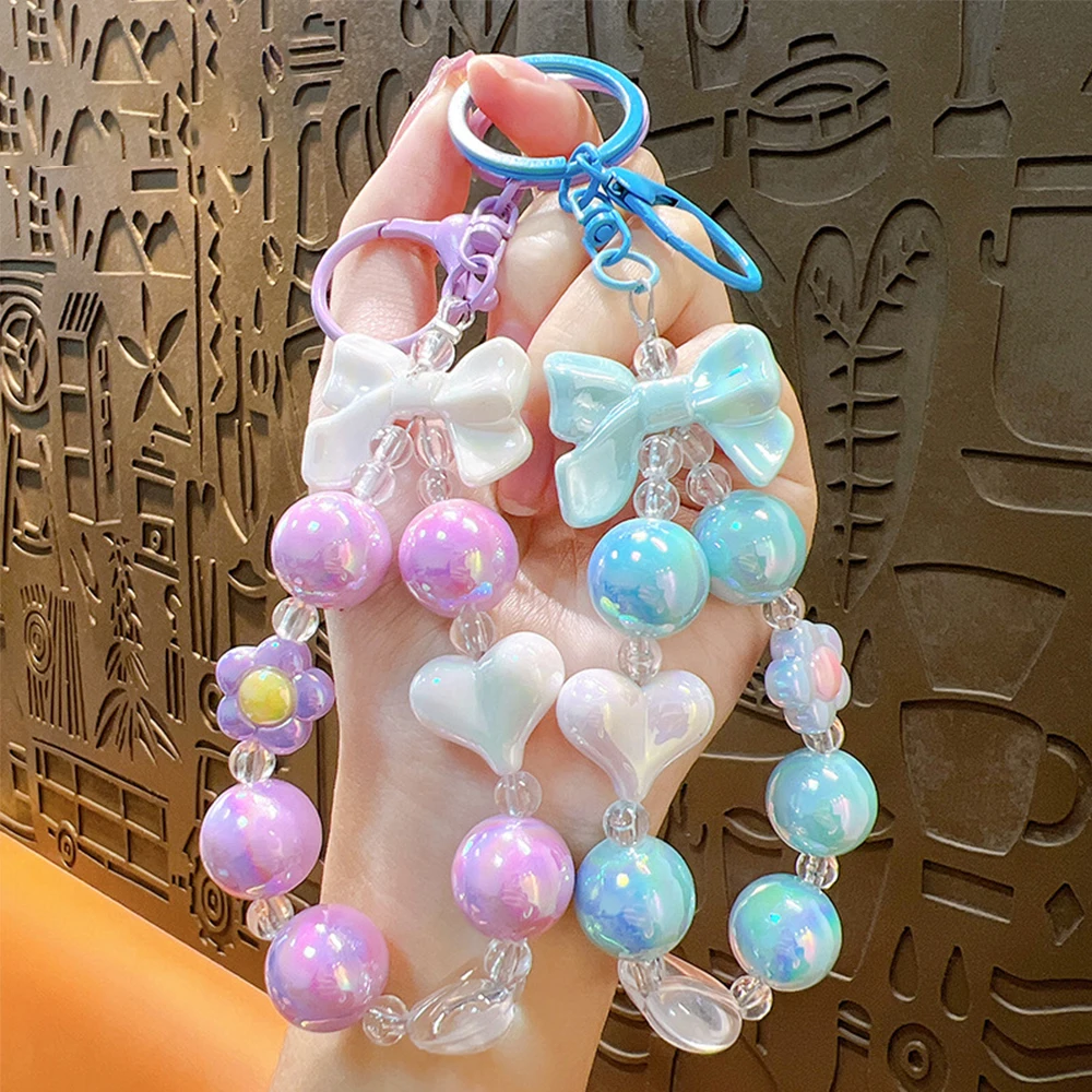 Candy Color Beaded Bag Accessories Car Keychain Bow Heart Keychain Bag Pendant Mobile Chain Lanyard Creative Mobile Phone Strap