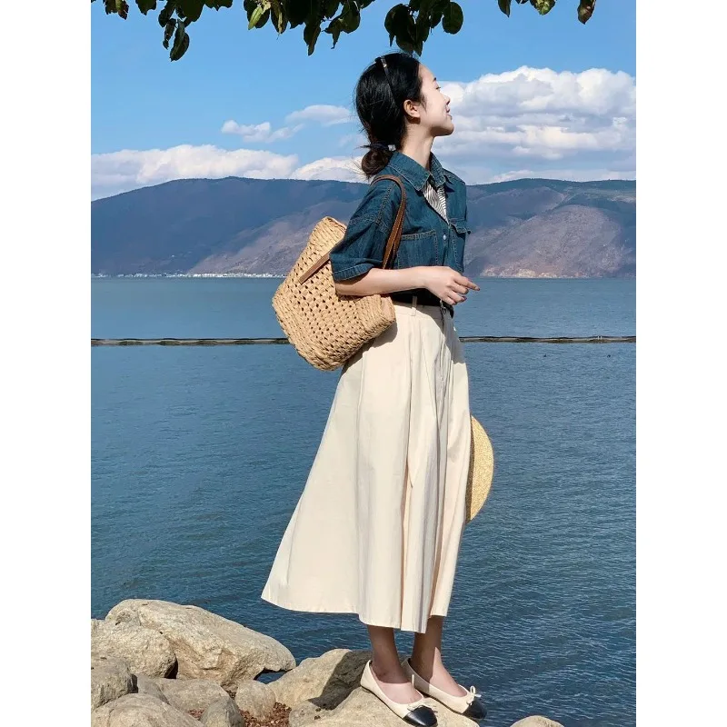 

Women's Vintage Graceful Denim Short Sleeve Shirts Skirts Two Piece Suits Summer Lady Korean Slim Jeans Tops Skirts Outfits 2026