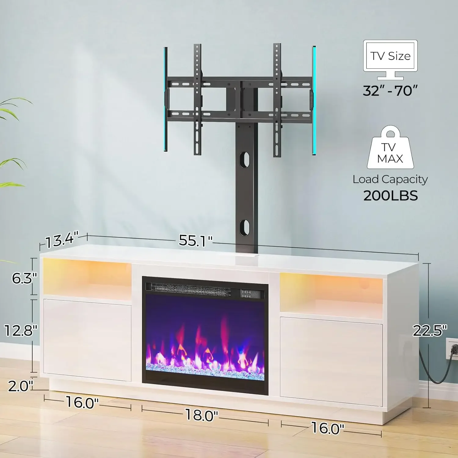 Kamin-TV-Ständer mit LED-Leuchten und Steckdosen, Unterhaltung zentrum mit elektrischem Kamin, drehbare TV-Ständer halterung