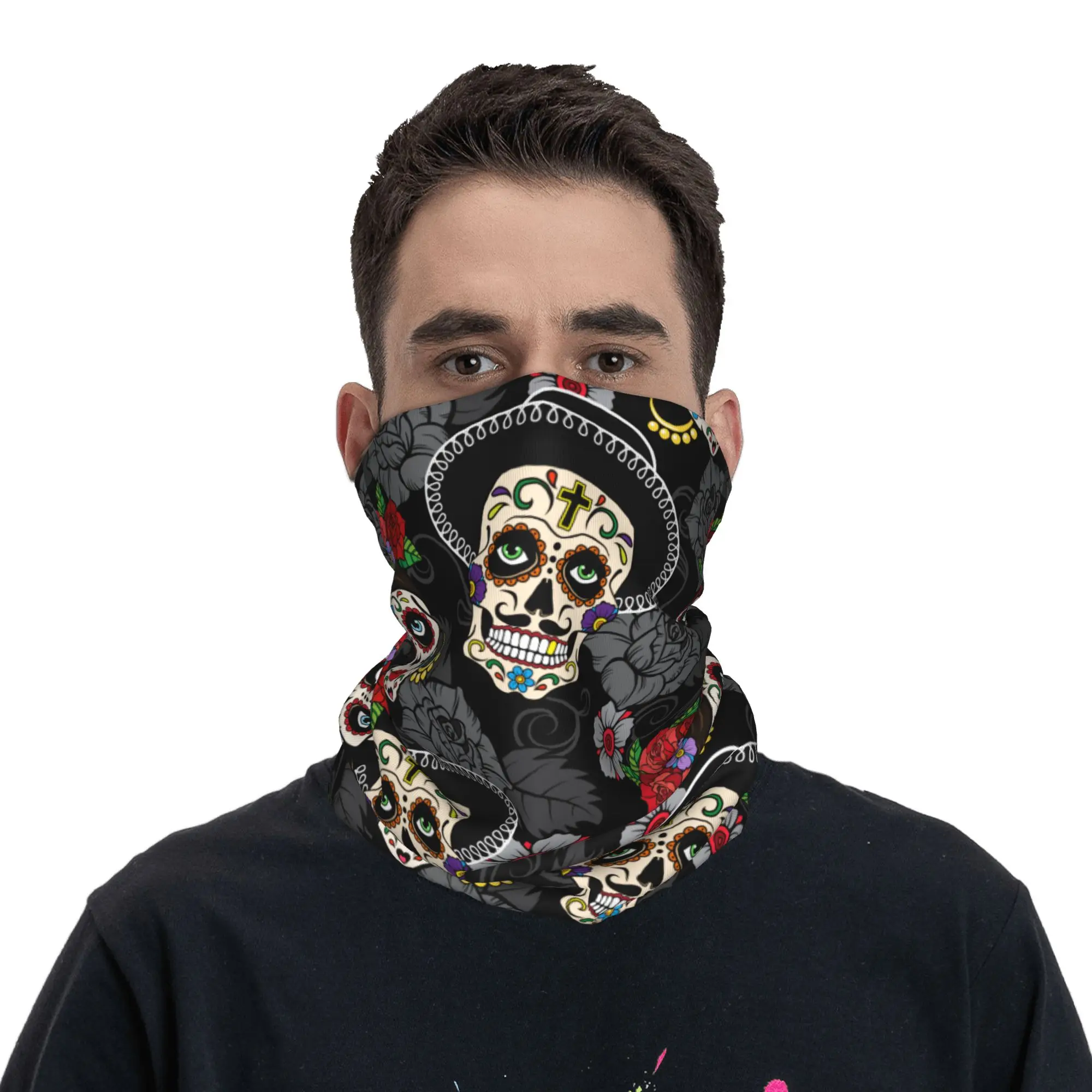Day Of The Dead Sugar Skull Winter Headband Neck Warmer Hiking Running Tube Scarf Catrina La Calavera Face Bandana Gaiter