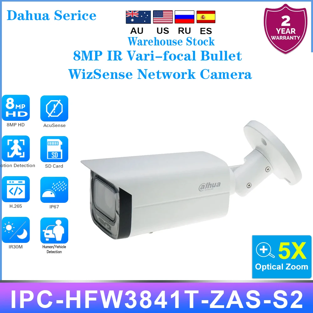 Dahua Serice  IPC-HFW3841T-ZAS-S2 8MP 4K 5X Zoom Bullet WizSense Network IP Camera IR 60M MIC SD Slot IVS SMD4.0 AISSA POE IK10